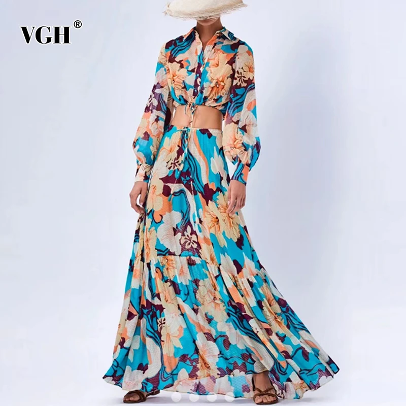 VGH Print Two Piece Set For Women Lapel Lantern Long Sleeve Short Tops High Waist Maxi Skirts Bohemian Sets Female 2021 Clothing