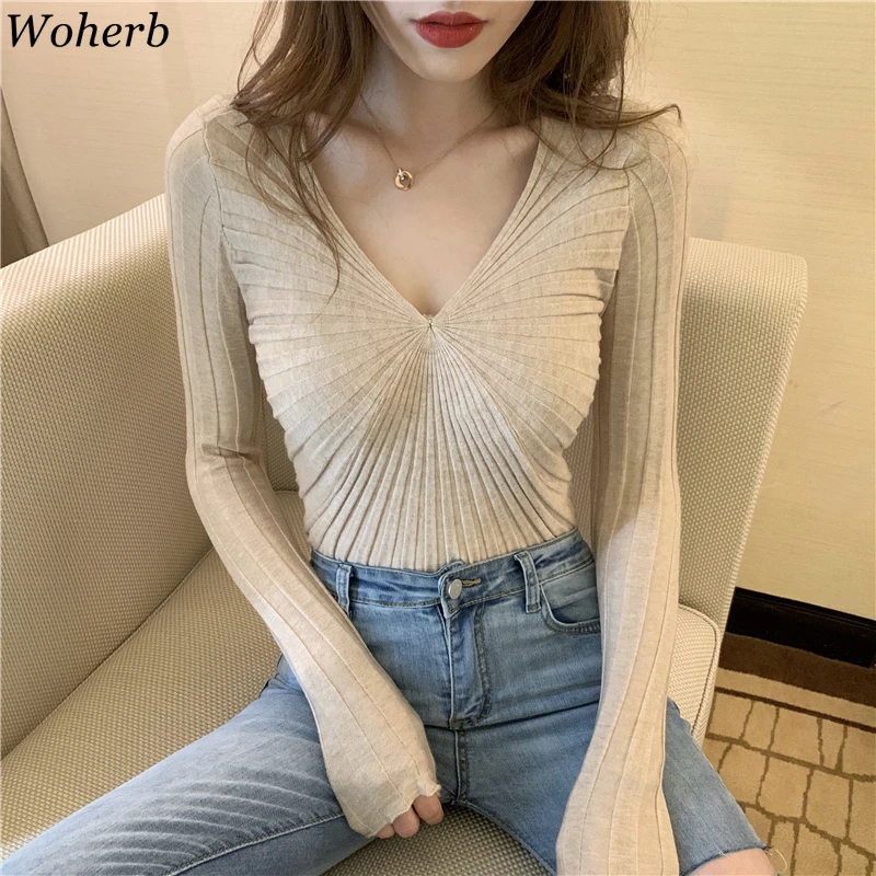 Woherb Pull Femme v-образный вырез длинный рукав тонкий пуловер сплошной цвет сексуальный тонкий корейский женский свитер модные новые осенние Джемперы 90917