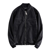 Japanese Harajuku Vintage Distressed Zip Up Baseball Collar Black Denim Jeans Jacket for Men Plus Size