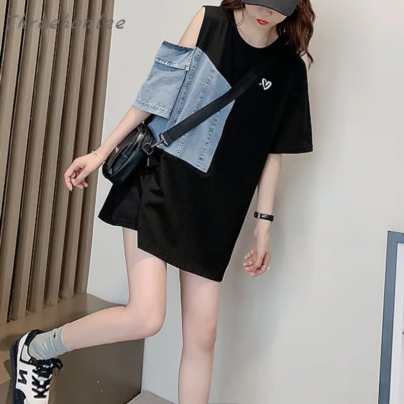 

Summer 2021 Casual Wonan Mini Dresses Denim Patchwork O-neck Sleeveless Korean Sexy Slim Female Dress Vestidos