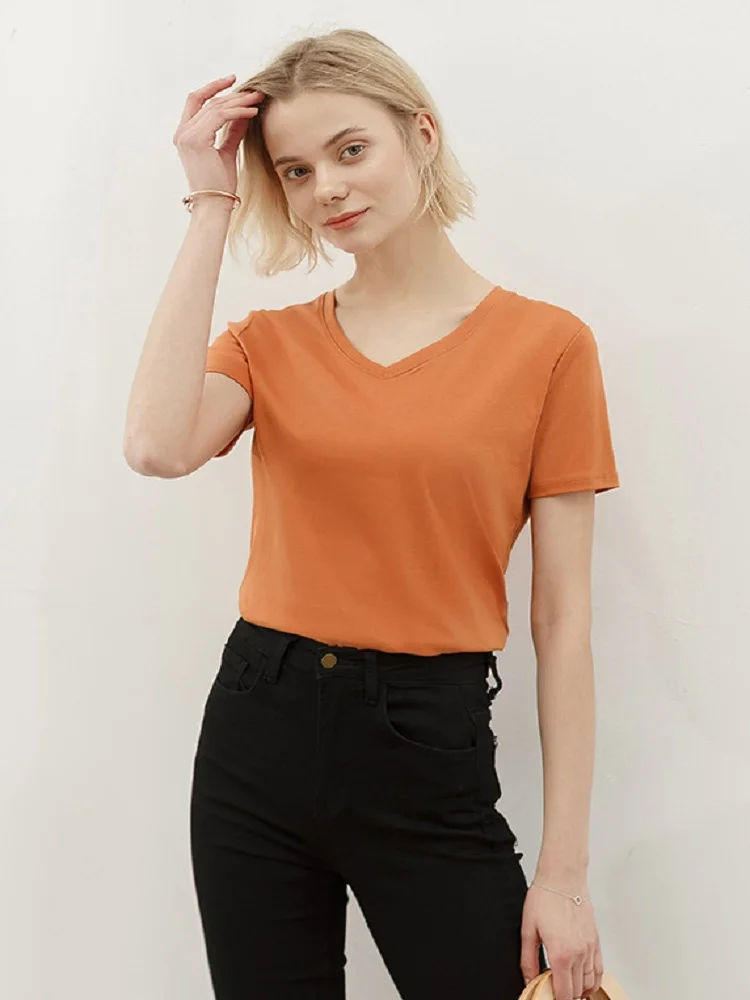 

Summer Knitted V-Neck T-Shirt Women Cotton Vintage Solid Tee Shirt Female Short Sleeve Kintwear Tops Harajuku Tshirt Ladies