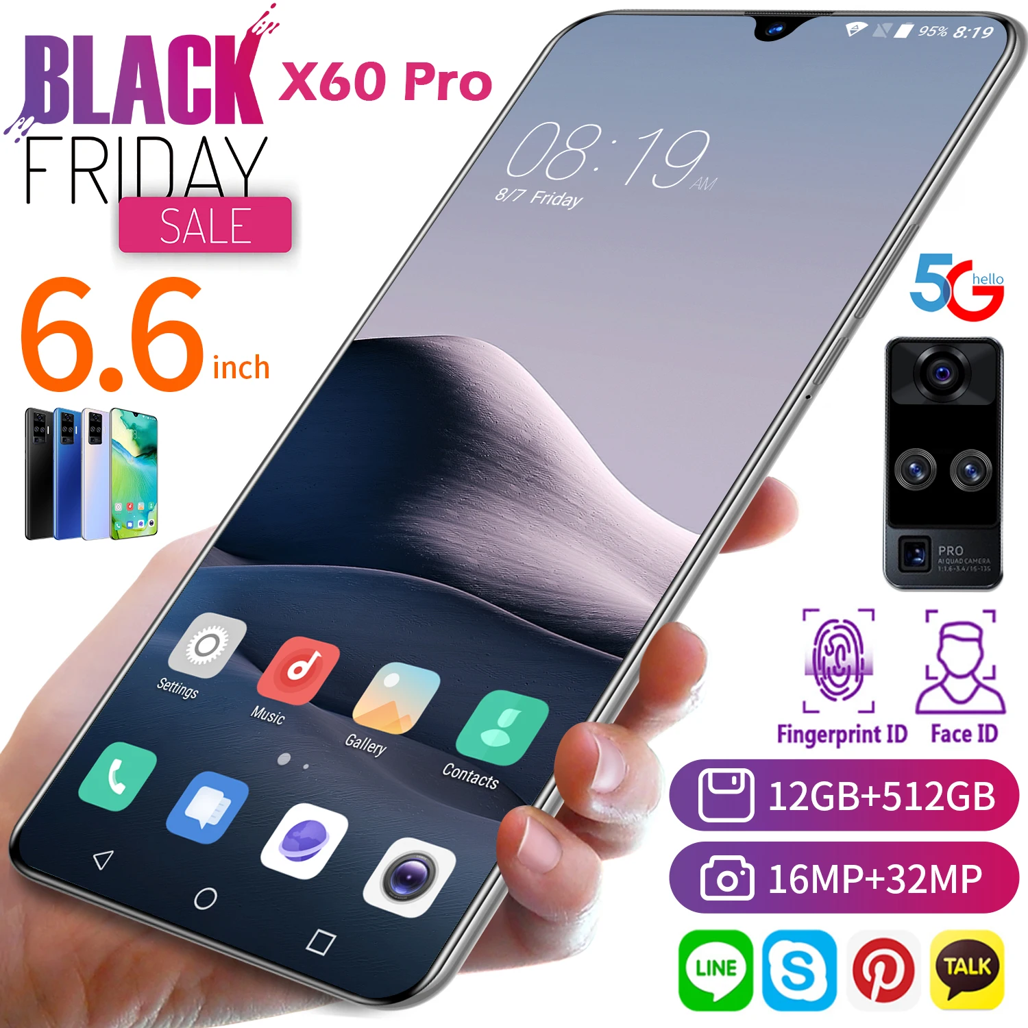 

Global Version 6.6" X60 Pro 4G 5G Smartphone Android10 Octa Core 5000mAh 12+512G Cellphone With Face Unlock Dual SIM Mobilephone
