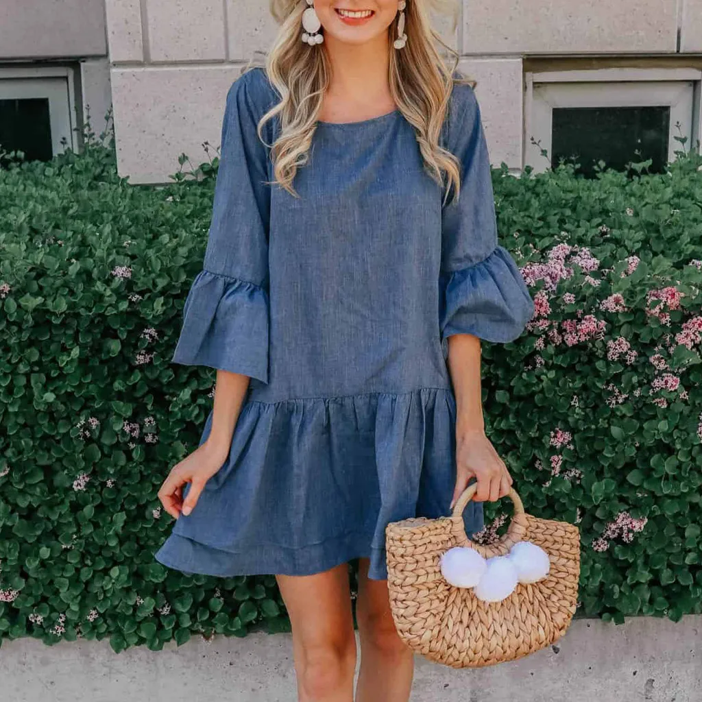 Женское джинсовое платье повседневные однотонные ковбойские платья с круглым