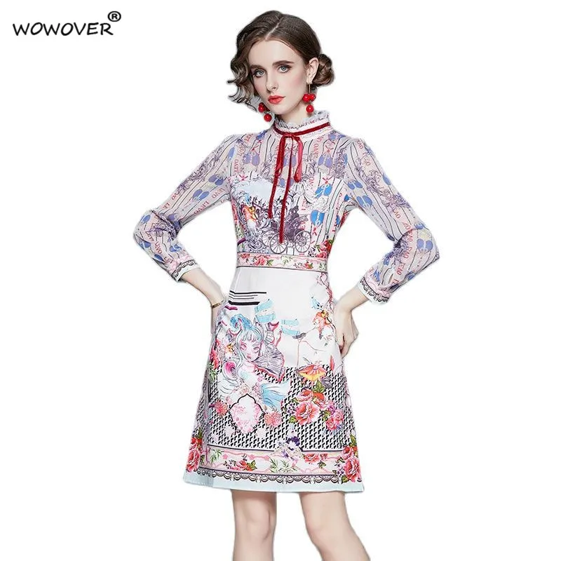 

Женское модельное дизайнерское платье с оборками на воротнике, винтажное Повседневное платье с мультяшным принтом и лентой с бантом, весна ...