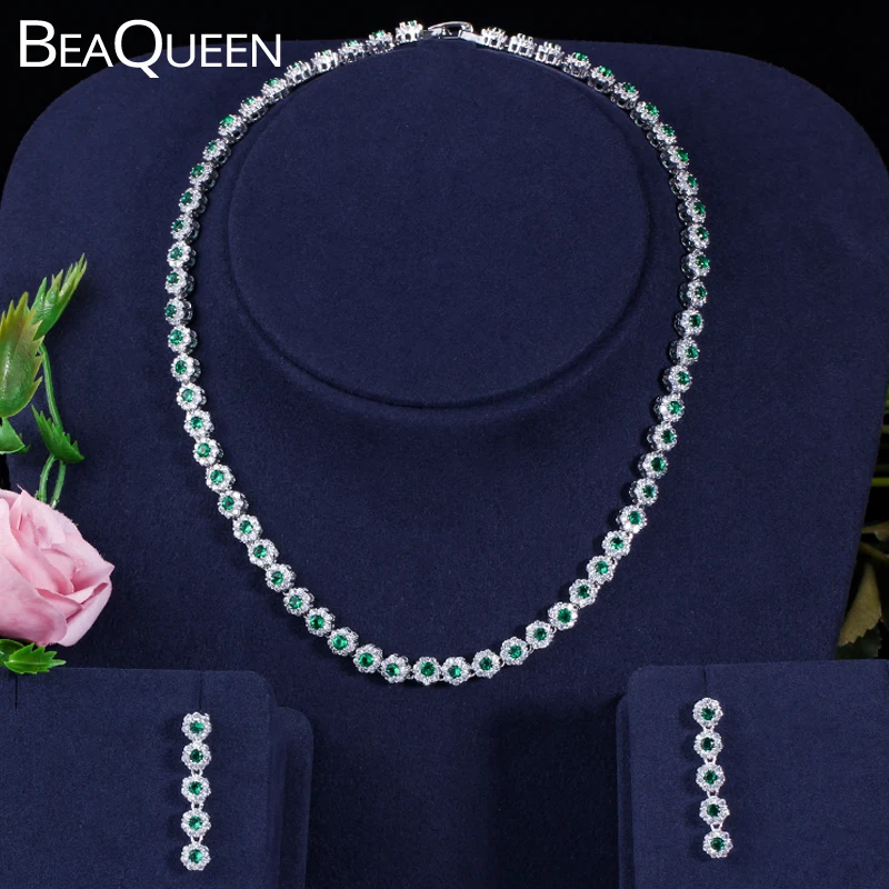 BeaQueen элегантный зеленый кристалл и CZ Камень Костюм Серьги Ожерелье Ювелирные наборы для женщин Свадебная вечеринка аксессуары JS110