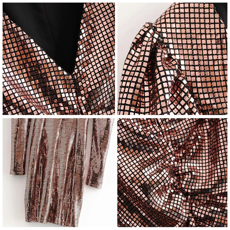 ROHOPO вечерние мини-платья с длинным рукавом металлического цвета блестками