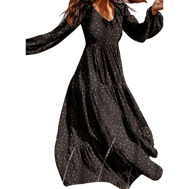 

Dot Chiffon Fashion Plus Size High Quality Dress Maxi V-Neck Boho Retro Holiday Leisure Long Sleeved Beach Temperament Lady Robe