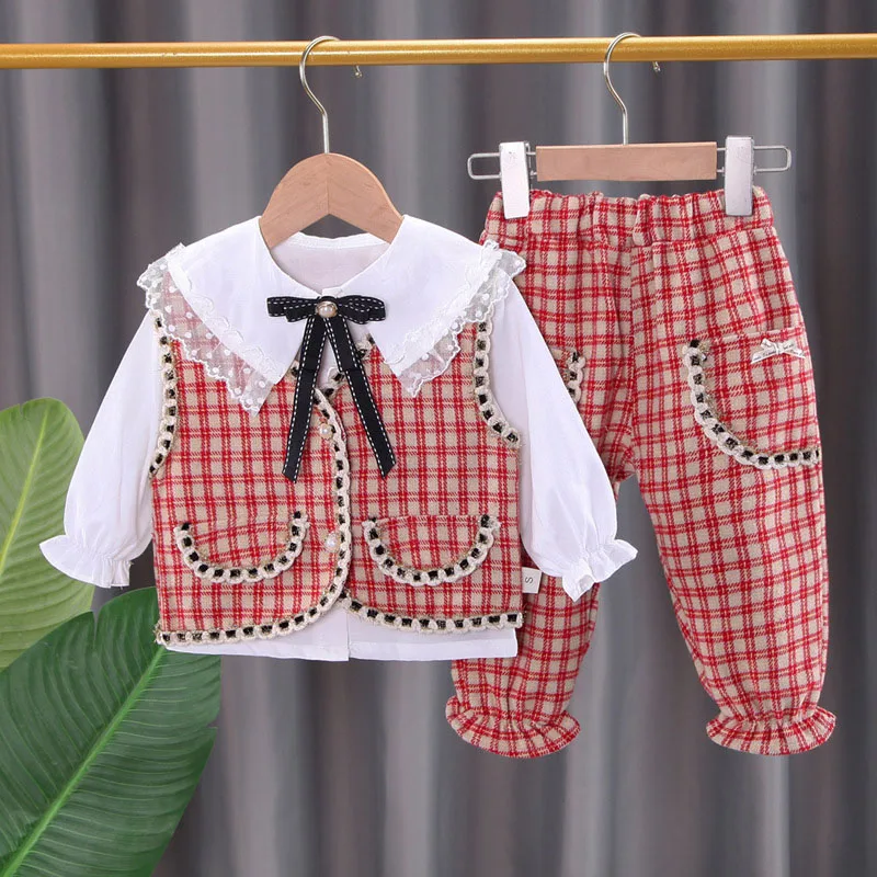 

Toddler Girls Casual Outfits New Spring Autumn Kids Princess Cute Bow Blouses Plaid Vest And Trousers Three Piece Suits 1-4Y