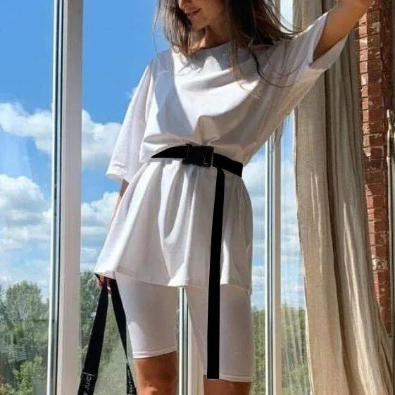 

WEPBEL Autumn Solid Color Sports Two-Piece Suit Women's O-Neck Half Sleeve T-shirt + Elastic Waist Slim Fit Straight Shorts Suit
