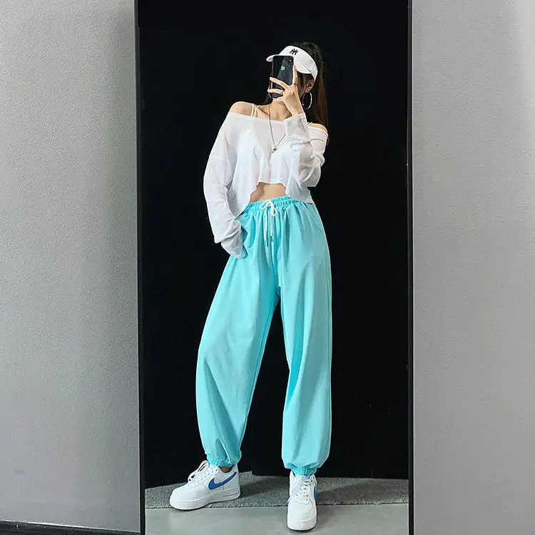 

Pure color sweatpants for men and women loose hip-hop jazz dance high waist all-match tie-foot casual harem pants tide