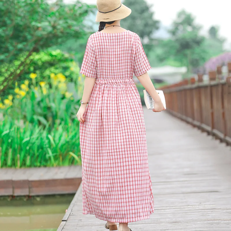 Женское летнее клетчатое платье с хлопковой подкладкой длинное Повседневные