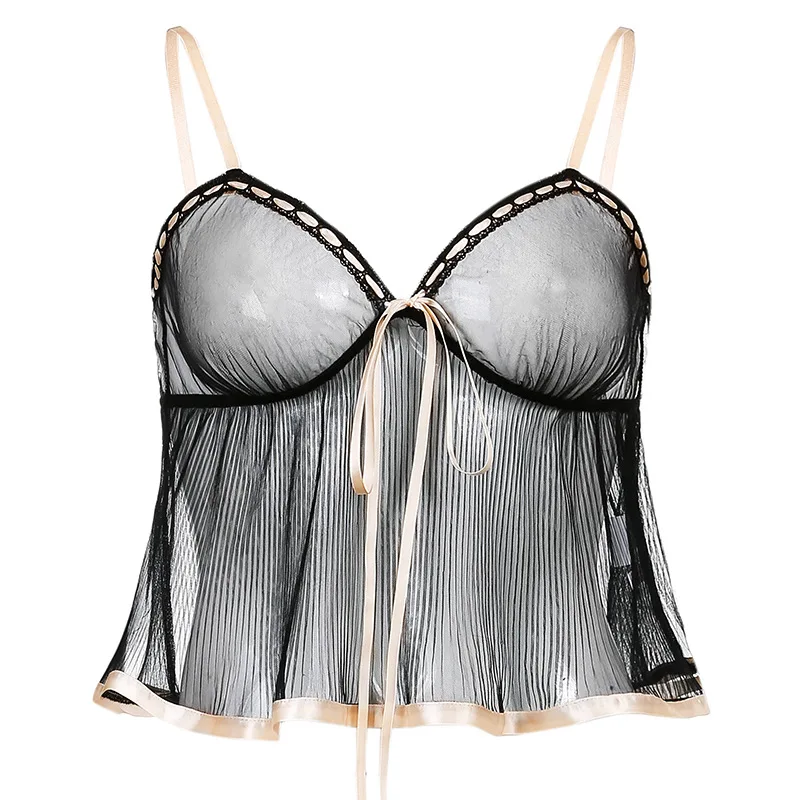 

Mesh Camisole Women's Clothing Fashion Carefully Machined Summer Webbing Hollow Bottoming Vest Top Solid Color Open Back V-Neck