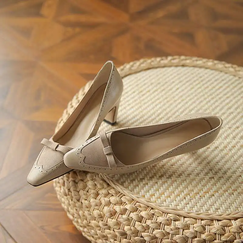 

Krazing pot genuine leather patchwork small square toe high heels French romantic retro fashion slip on spring women pumps L86