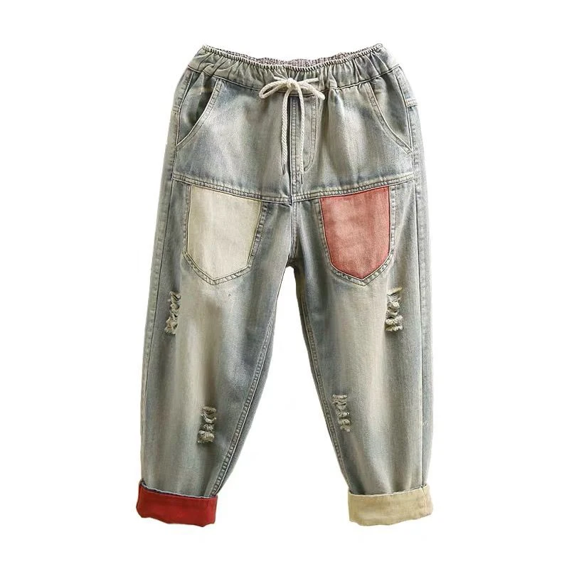 

2021 Summer New Arts Style Women Loose Casual Cotton Calf-length Denim Harem Pants Elastic Waist Patchwork Vintage Jeans