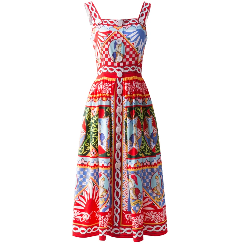 Designer High Quality Summer New Style Women'S Bohemian Vintage Chic Casual Fashion Sexy Party Elegant Print Button Midi Dress
