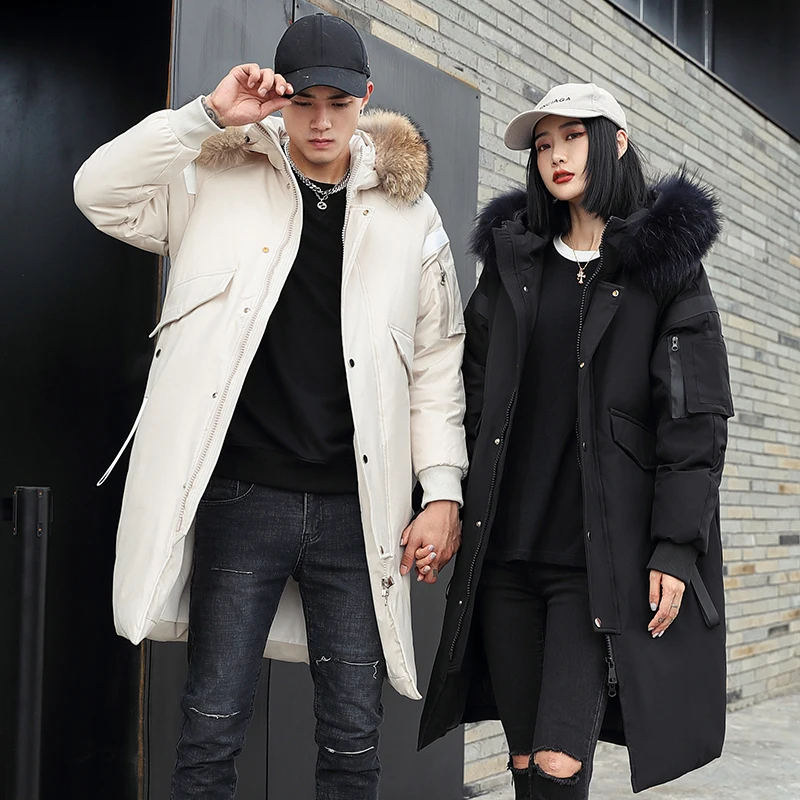 2021 couples new fashion long explosive style plus winter casual down jacket with hooded big fur collar warm men's brand coat