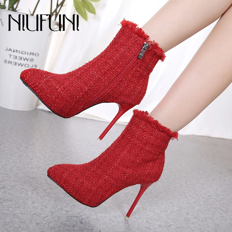 

Autumn Winter Pointed Sequin Woolen Cloth Zipper Women's Boots Short Tube High Heels Fashion Elegant Stiletto Wedding Shoes Sexy