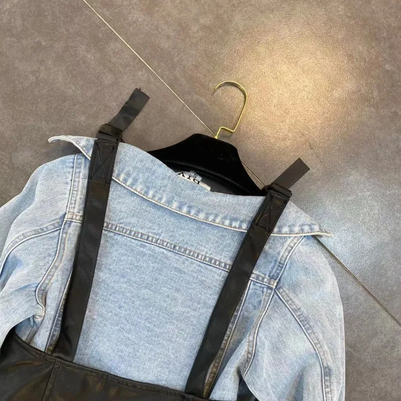 

2021 Spring New Square Neck Long Sleeve Single Breasted Denim Shirt Jacket with Vest Two Piece Set Women Top