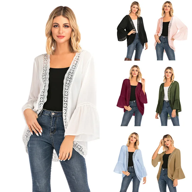 Женский модный кардиган кружевная шифоновая рубашка с длинным рукавом