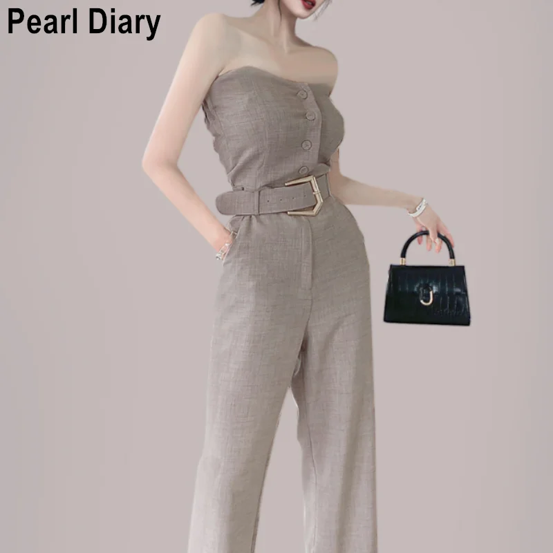 

Women Summer Jumpsuits with Belt 2021 Korean Fashion Strapless Jumpsuit Women High Waist Long Pants Rompers Combinaison Femme