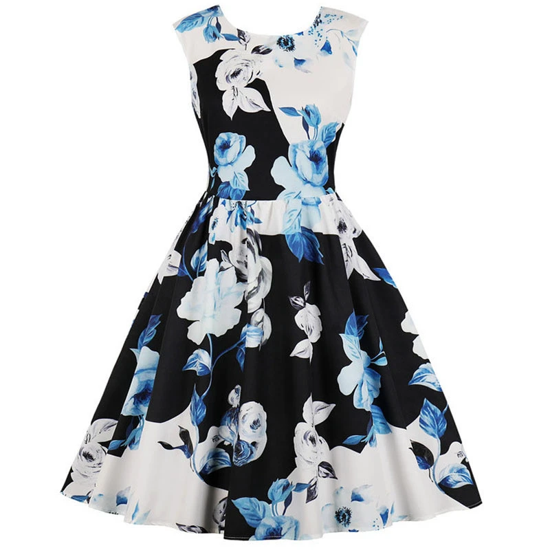 Черное белое летнее платье с принтом женское элегантное винтажное цветочным