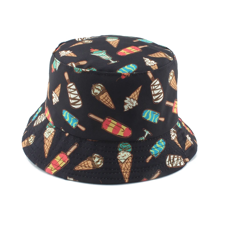 

Summer Ice Cream Print Panama Bucket Hats For Women Fashion Reversible Bob Chapeau Femme Hip hop Cap Gorro Men Fisherman Hat