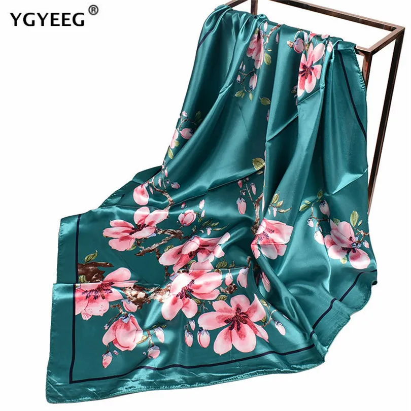 

YGYEEG 90*90cm Fashion Silk Satin Hair Scarf Women Printed Female Square Head Bandana Small Neck Muffler Hijab Lady Accessories