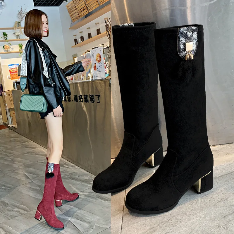 

2020 Fashion Winter Plus Cotton New Knight Boots Female High-heeled Fur Ball Boots Female Tide High Heels Shoes Woman W22-51