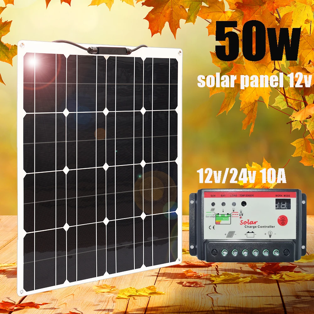 

Solar Panel 12v 50w 100w Complete Kit Portable Solar Cell Battery Charge 10A Controller 5m extension Cable for Car Marine Camper