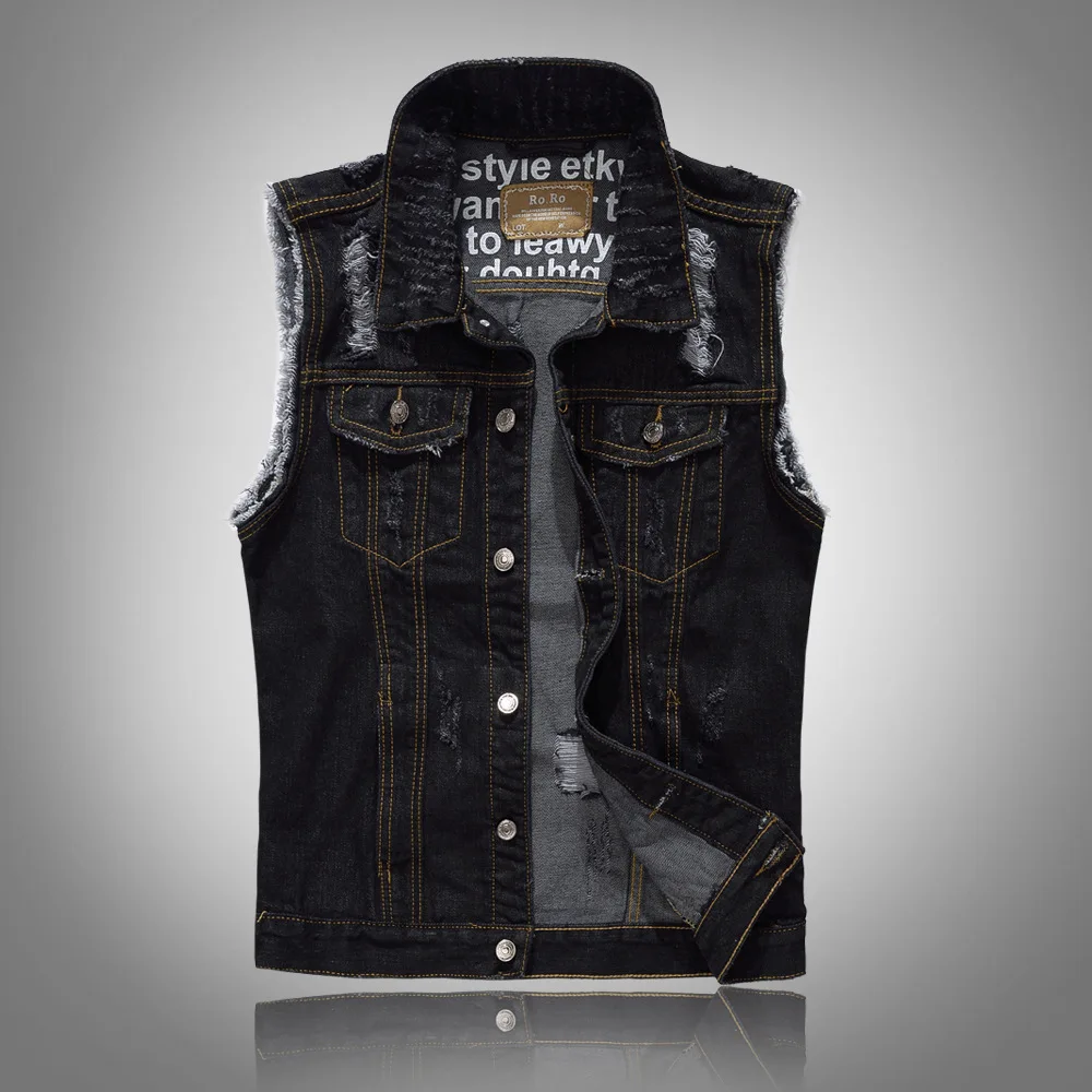 

Brand Vintage Men's Ripped Black Vest Casual Sleeveless Jackets Frayed Denim Waistcoats Fashion Hole Washed Cowboy Tank Tops