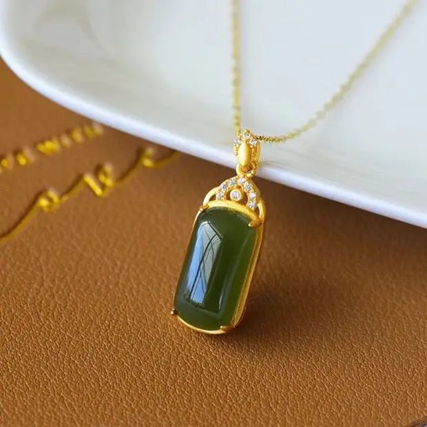 

Silver Natural Hetian Jasper Pendant Necklace Chinese style retro gold gilding craft charm minority design women's brand jewelry