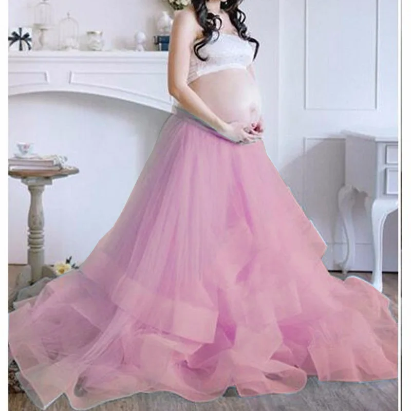 

Maternity Shoot Pink Skirts Adjustable Waist faldas jupe femme Tiered Women Skirts Tulle Saias Longa Maxi Long Skirt