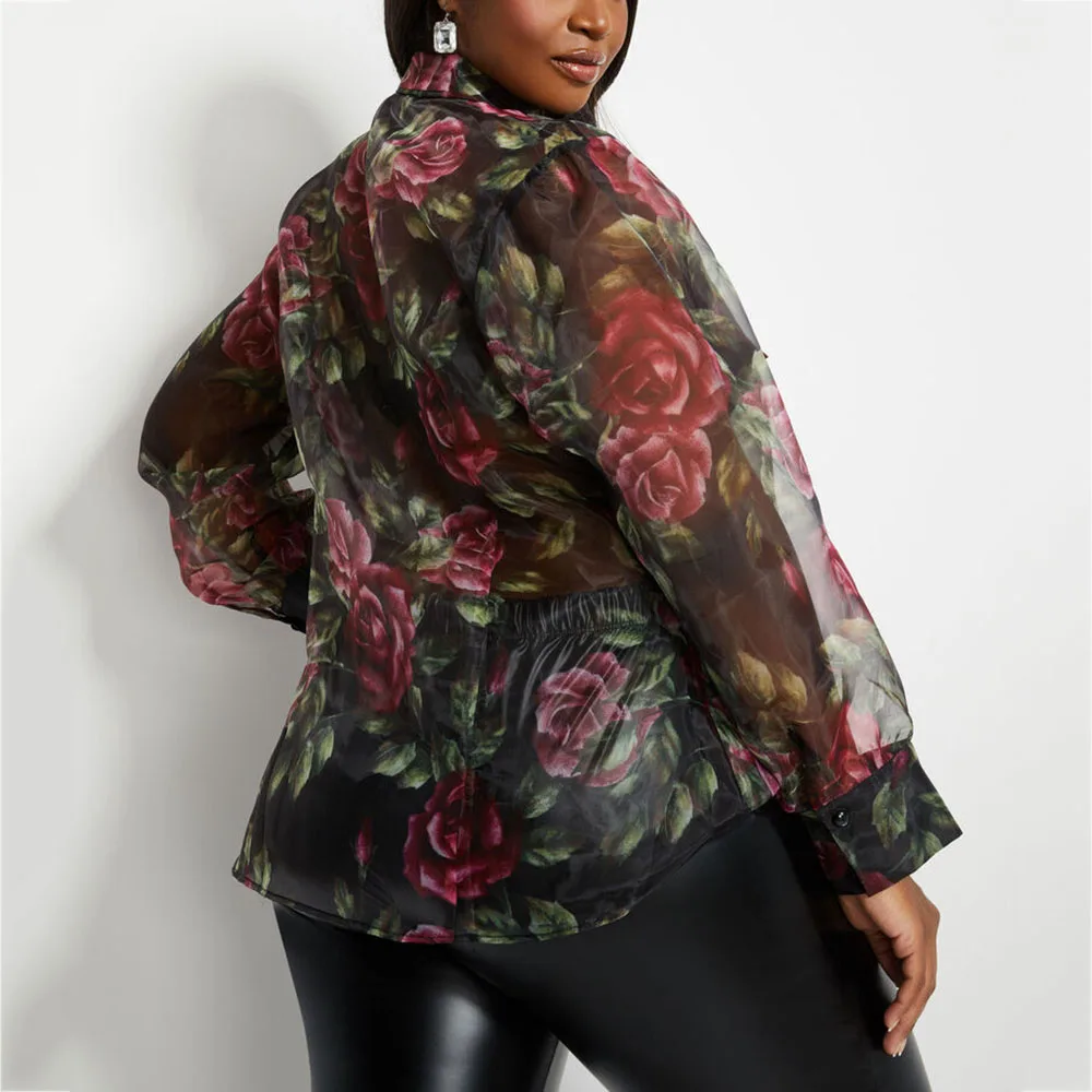 Прозрачная женская блузка с цветочным принтом летняя винтажная длинным рукавом