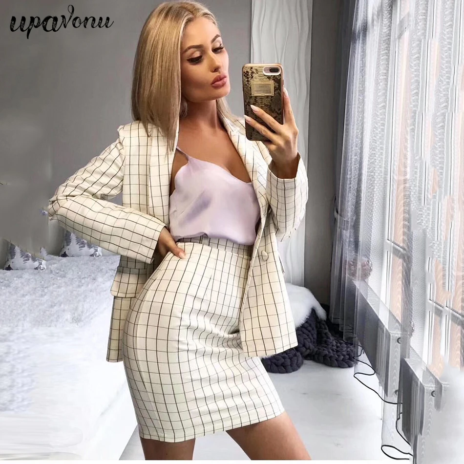 Fashion Sexy V-Neck Women'S Suit Plaid Skirt Button Jacket And Slim Mini Two-Piece 2019 New Wholesale |