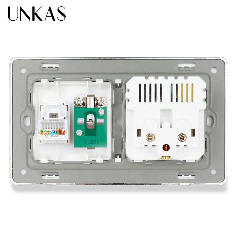 Панельная французская розетка UNKAS из нержавеющей стали с двойным USB портом +
