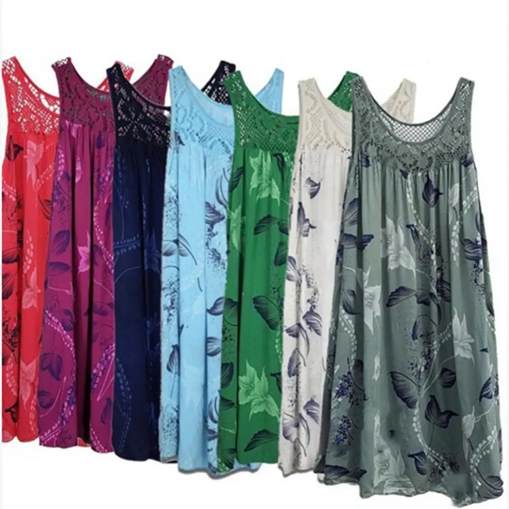 

70% Hot Sell Floral Printed Lace Stitching O-Neck Knee Length A-Line Lace Patchwork Sleeveless Women Summer Loose Tank Dress