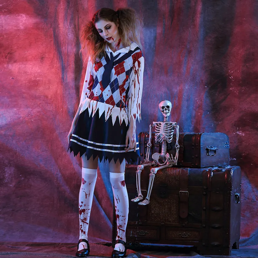 

Halloween Ghost Festival Horror Student Costume Japanese Adult Bloody Tie Uniform Temptation Horror Blouse Short Skirt Suit