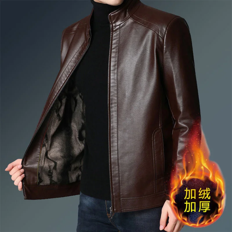 

leather men's coat middle-aged and New elderly fur middle-aged PU leather winter Plush thickened leather jacket men's suit