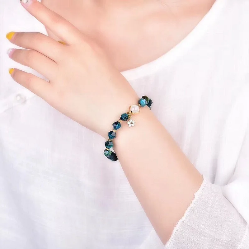 

Natural blue tiger eye stone cut Angle single circle bracelet 8MM hand string color beautiful fashion women