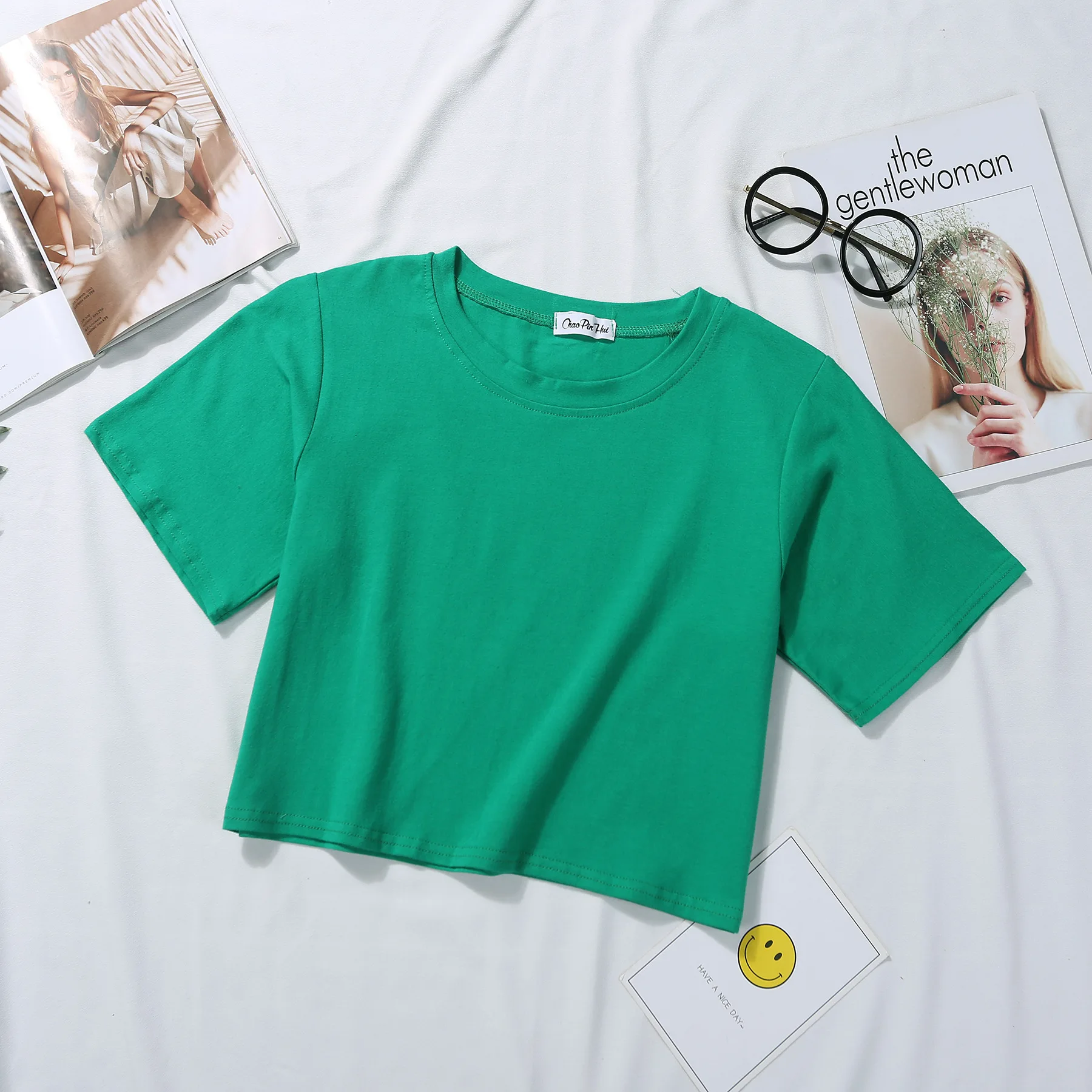 

2020 Summer Short Sleeve T Shirts Women Cotton Solid T-shirt O Neck High Waist Crop Top Tee Female Casual Loose T Shirt