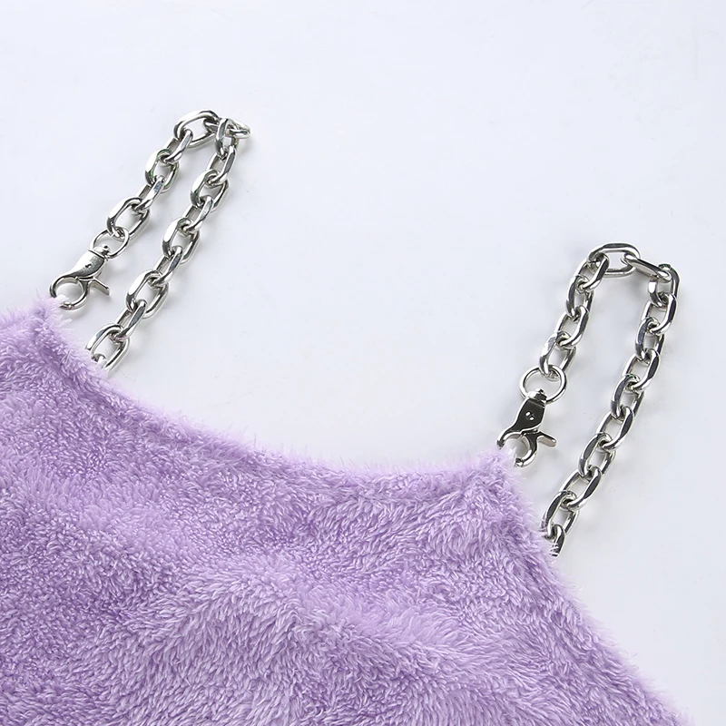 Women Sexy Furry Strap Metal Chain Camisoles Tank Tops Cotton Solid Purple High Street Slim Short Vests Haut Femme | Женская одежда