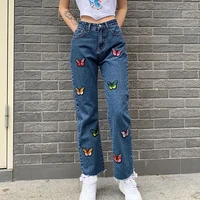 shengpalae 2021 casual jeans woman long trousers cowboy female loose streetwear butterfly embroidered straight pants za4377
