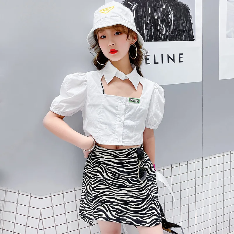 

Teenage Girls Personalized Shirt Set 2021 Summer Children's Puff Sleeve Shirt + Girls Leopard Print Skirt Street Skirt 2PCS