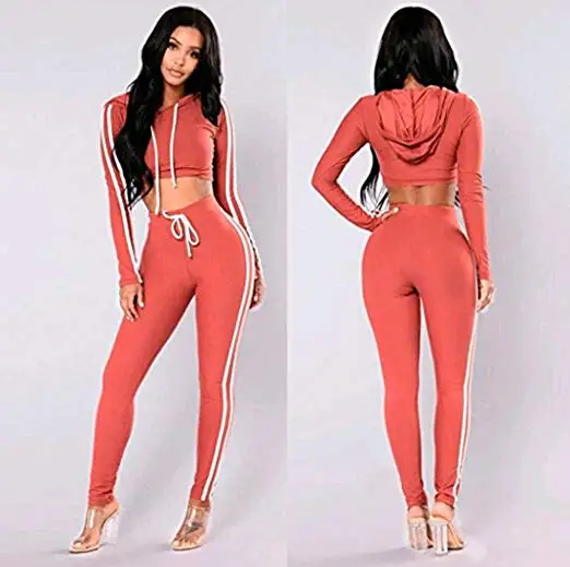 

Womens Sport Hoodies Solid Black Long Sleeve Striped Casual Sweatshirt Crop Tops Pants Set 2Pcs Tracksuit Sweat Suit 3 Colors