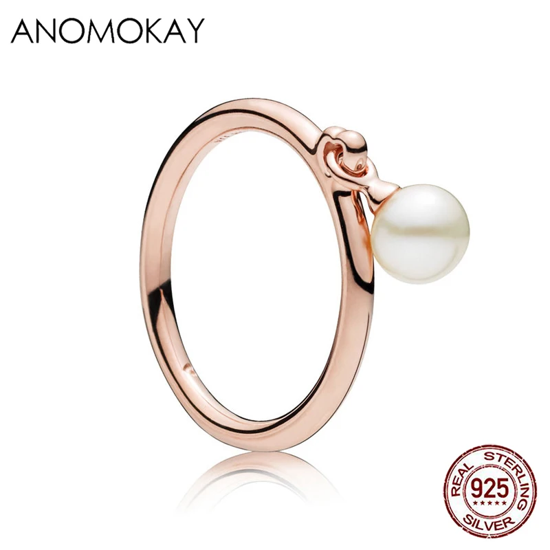 Anomokay Simple Series Rose Gold Color Finger Rings for Women Girl Authentic 925 Stelring Silver Simulation Pearl Ring Gift