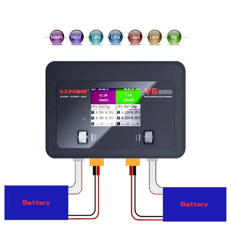 Интеллектуальное балансирующее зарядное устройство GT Power V6 DUO AC 100-240 В DC 9-24 400 Вт