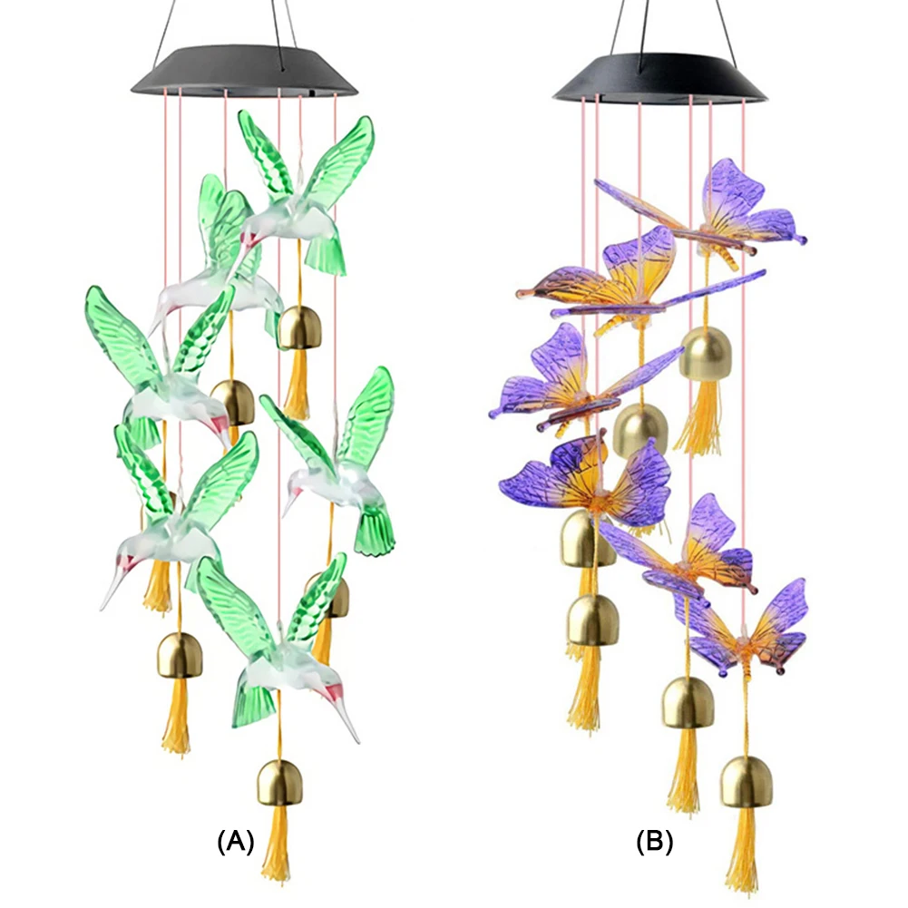 

Цвет меняющийся светодиодный солнечный ветряной колокольчик с украшением в форме светильник Колибри/Бабочка Водонепроницаемый лампы на с...