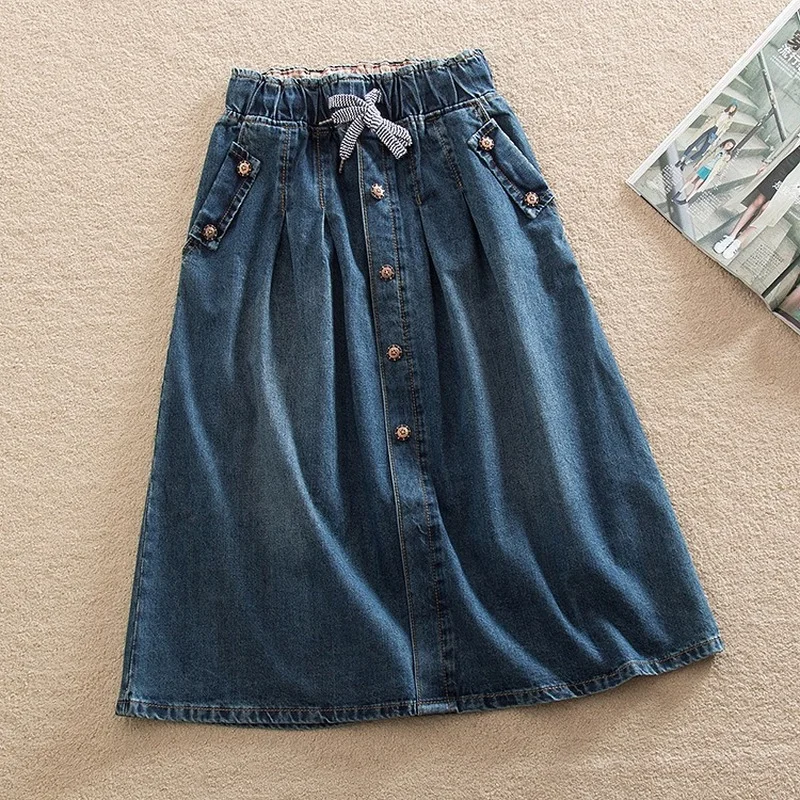 

Summer Lace Up Elastic Waist Denim Skirts 2021 New Women Loose Casual Female A-Line Jean Skirts Plus Size Female Streetwear Pop
