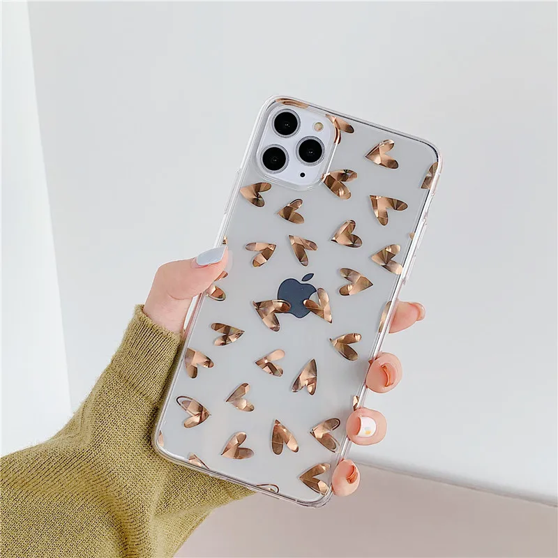 Прозрачный чехол с золотым покрытием и сердечком для iPhone 11 Pro Max XR X XS 7 8 Plus 6 S задняя