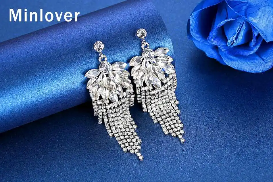 Серьги-подвески Minlover серебристого цвета с длинной металлической кисточкой для женщин, корейские стразы, свадебные серьги с бахромой, ювелирные изделия MEH1647